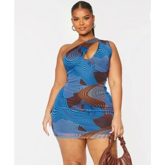 PrettyLittleThing Abstract Swirl Mesh One Shoulder Mini Dress NWT Sz 16 - Picture 1 of 15